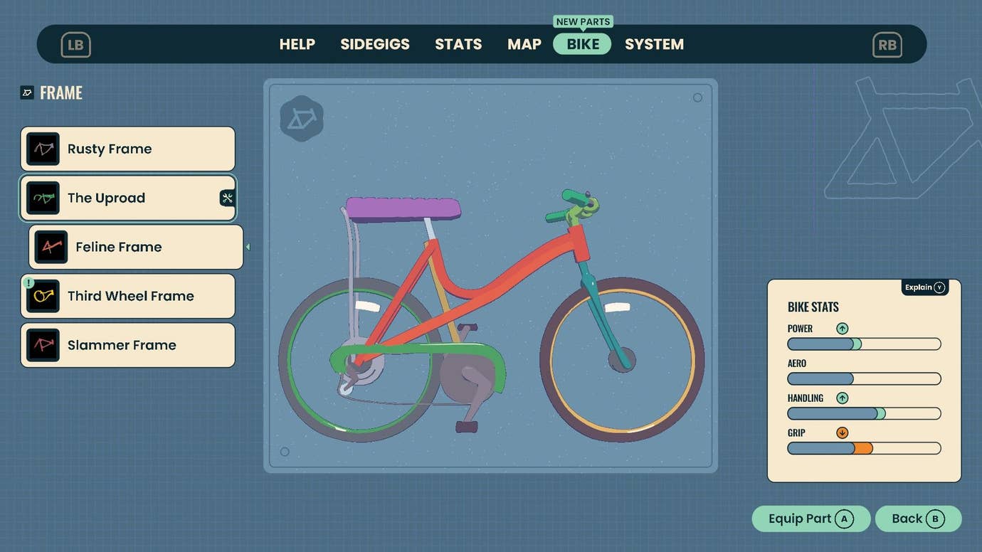 A menu shows the different bike parts you can swap, including the train and handlebars.